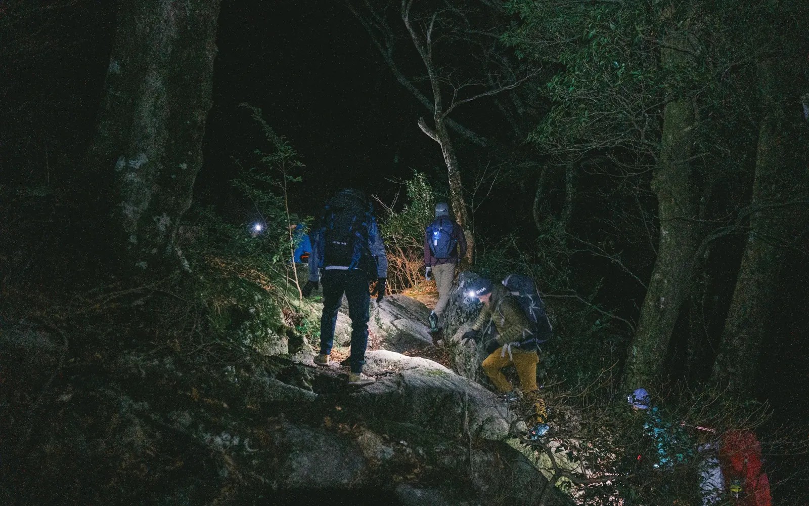 Traileur avec lampe frontale de nuit en montagne