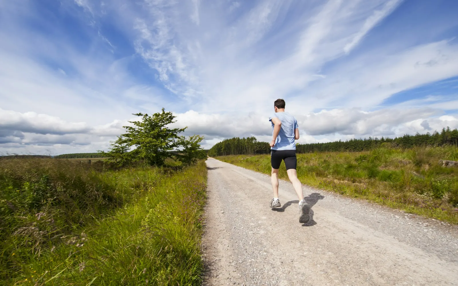 Coureur sur une route de campagne bordée d'herbe